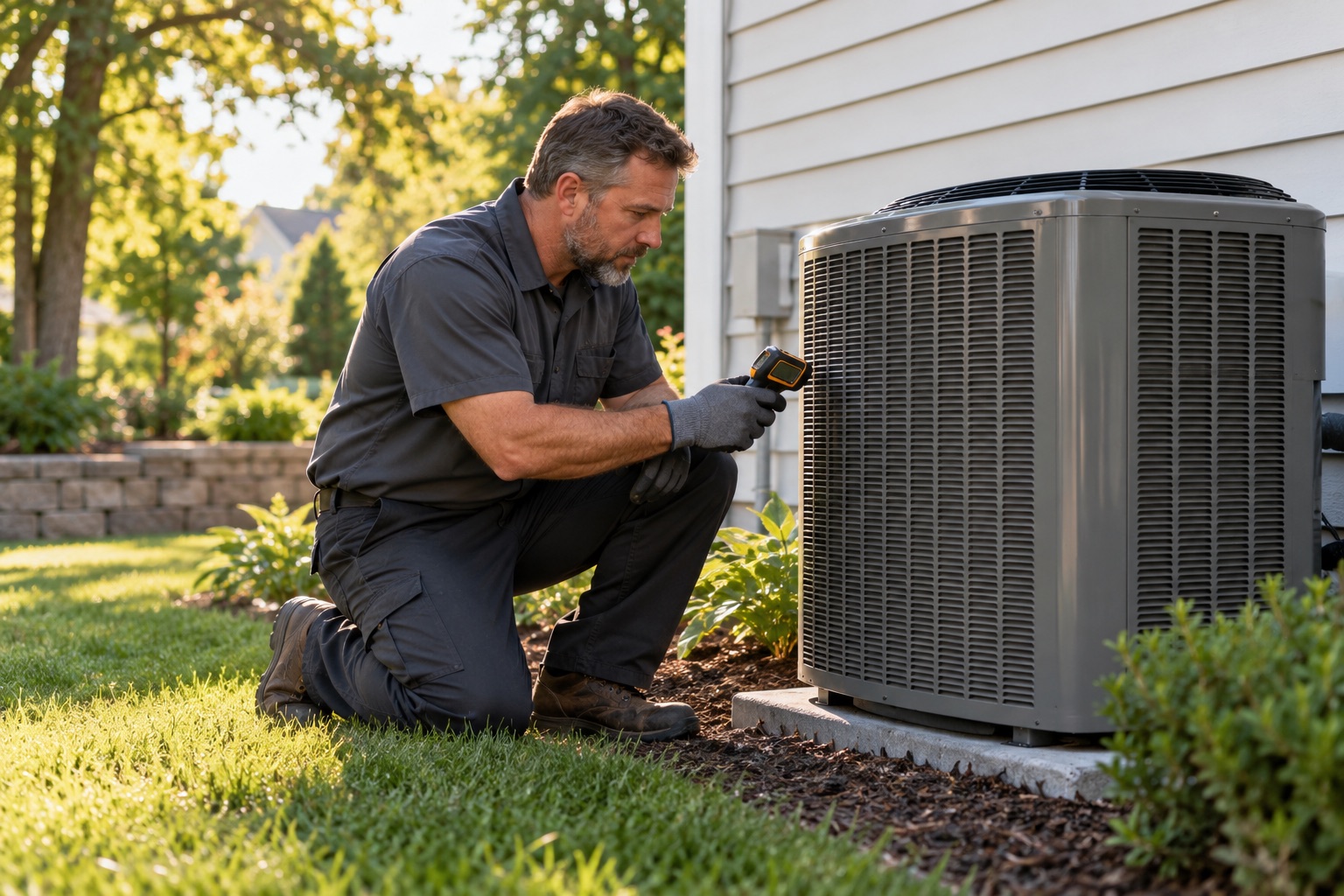 Illustrative HVAC technician inspecting an outdoor air conditioning unit
