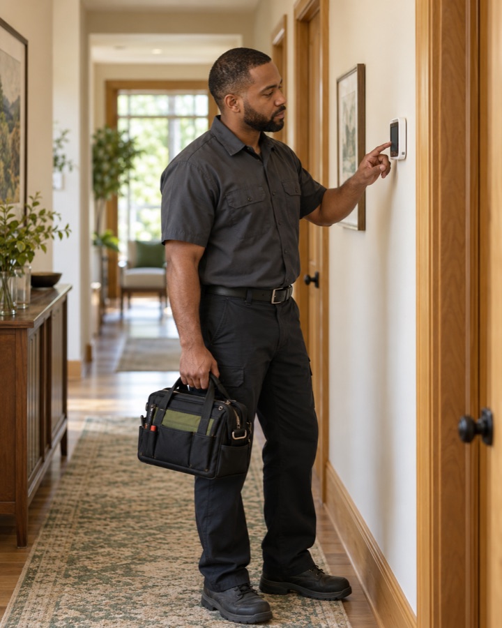 Illustrative HVAC technician checking a home thermostat