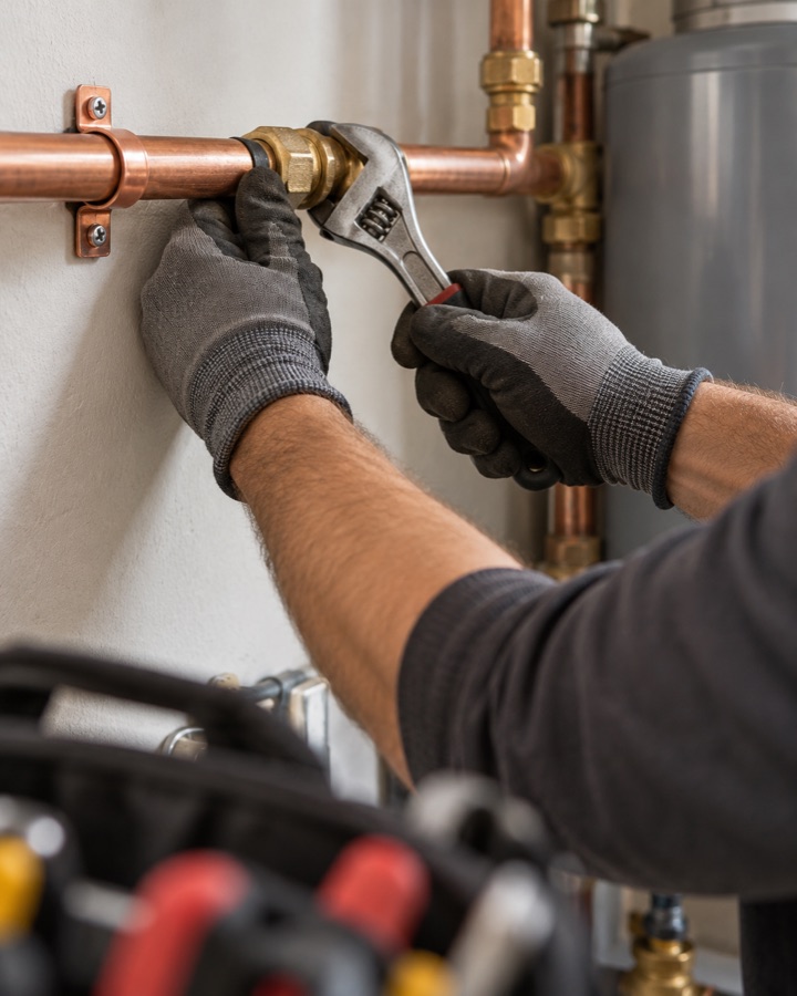 Illustrative plumbing professional adjusting a brass pipe fitting
