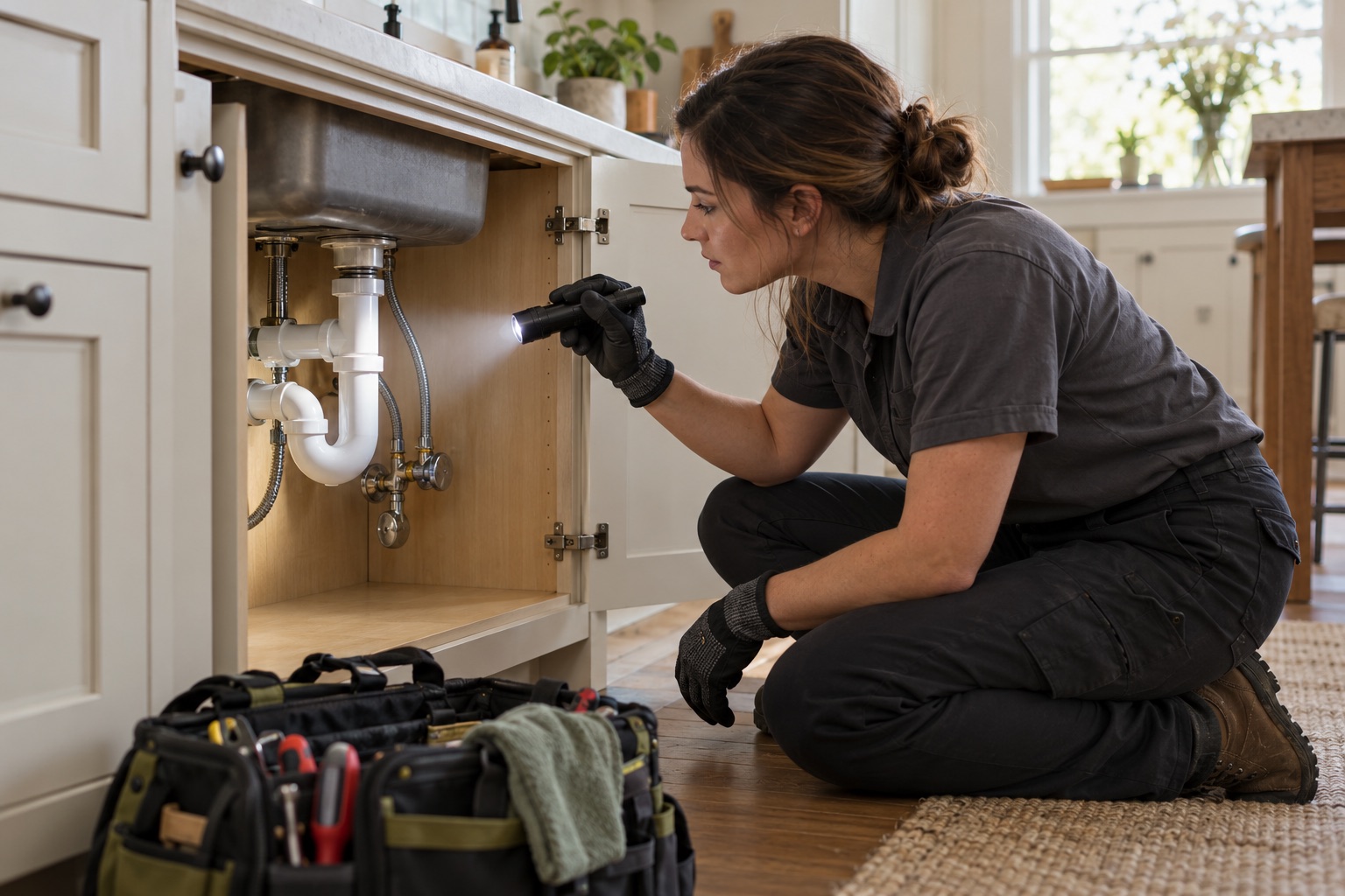 Illustrative plumber inspecting pipes beneath a kitchen sink